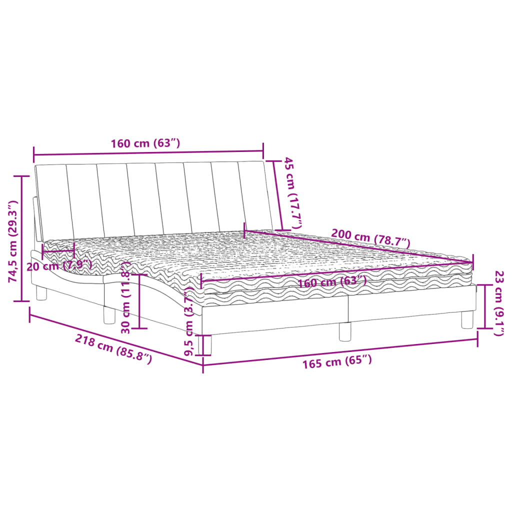 Bed with mattress dark grey 160x200 cm velvet