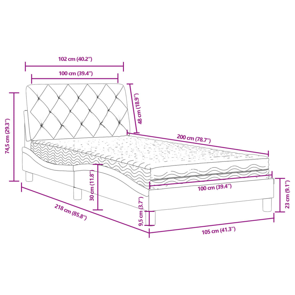 Bed with mattress dark grey 100x200 cm velvet