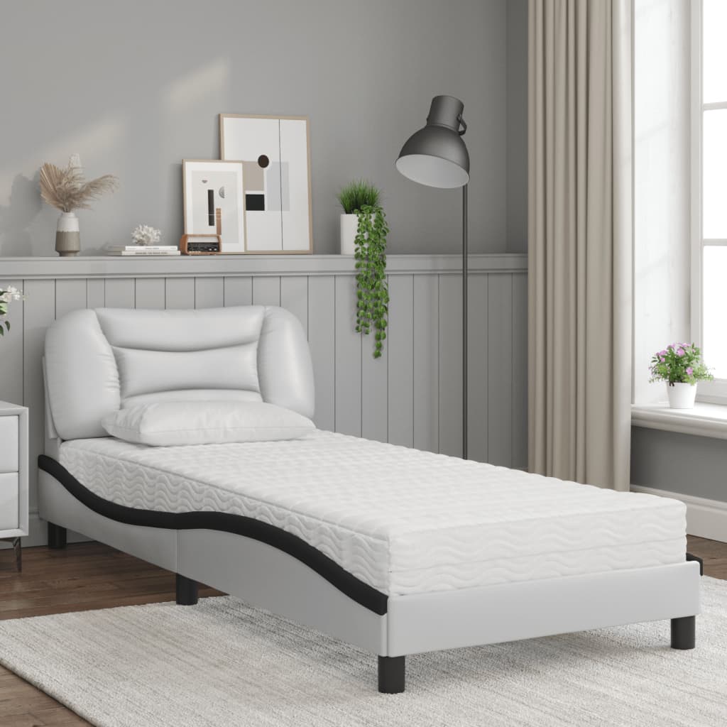 Bett mit Matratze "Hvar" Weiß und Schwarz 90x190 cm Kunstleder