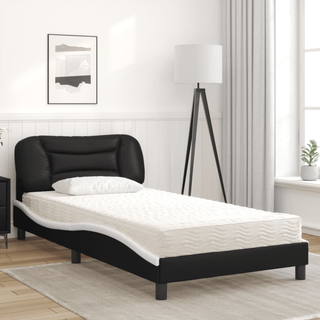 Bed with mattress black and white 100x200 cm artificial leather