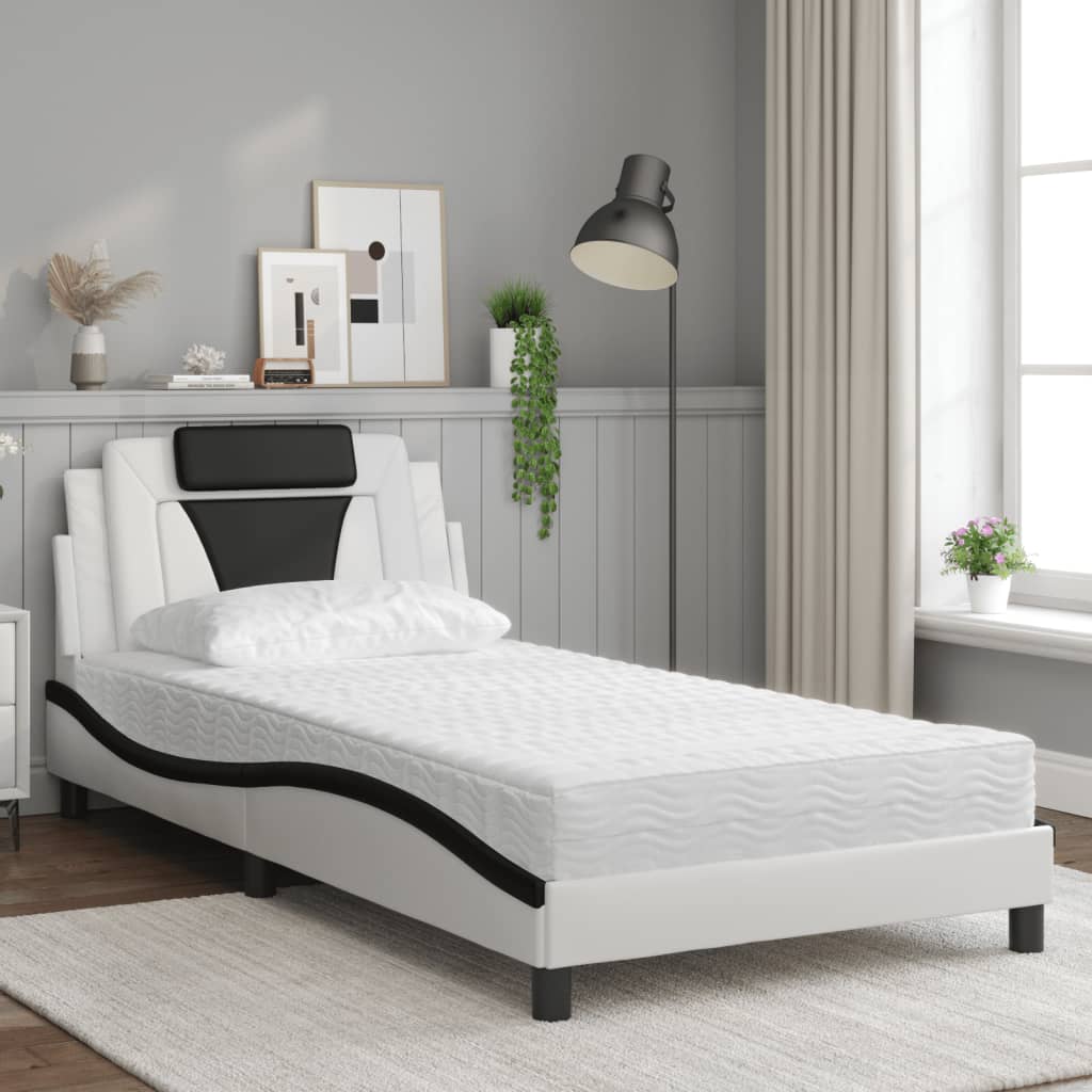 Bed with mattress white and black 100x200 cm artificial leather