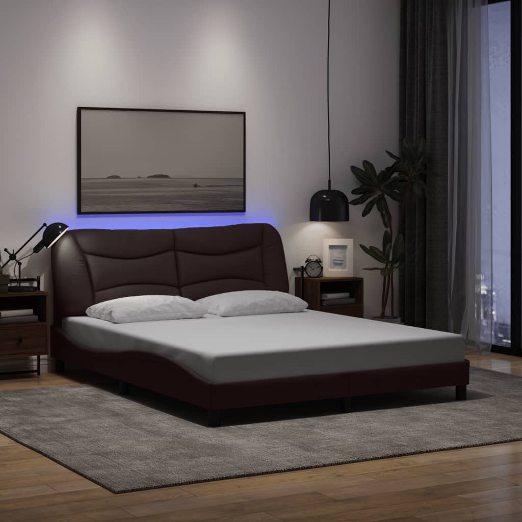 Bed frame with LED without mattress dark brown 160x200 cm fabric
