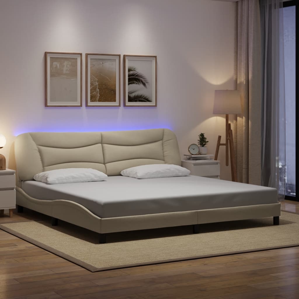 Bed frame with LED without mattress cream 200x200 cm fabric