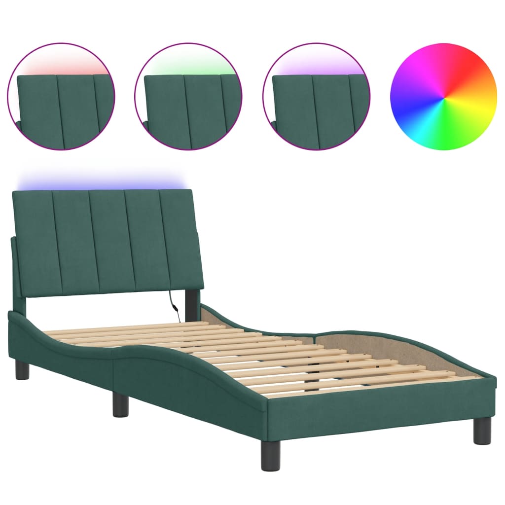 Bed frame with LED lights dark green 90x190 cm velvet