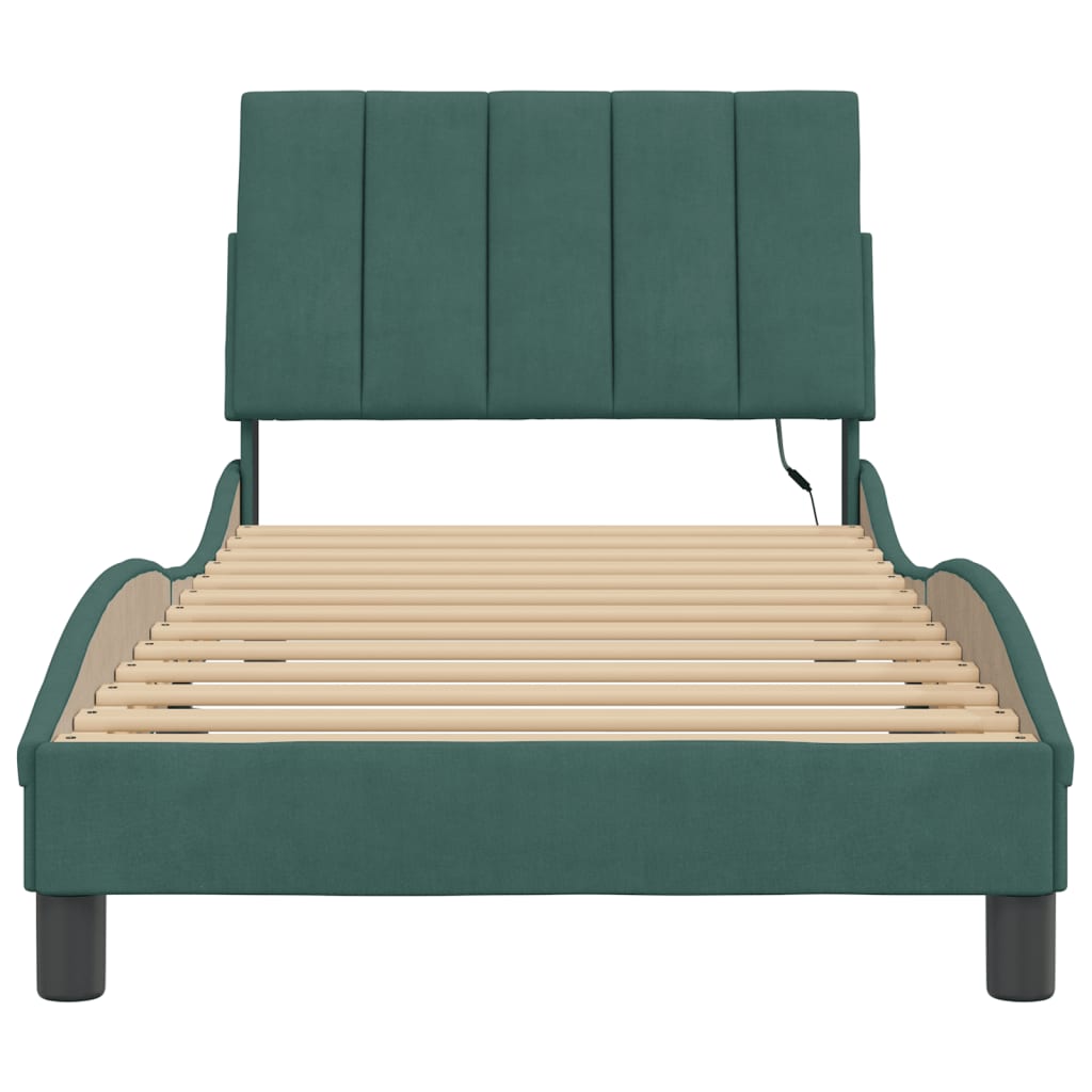 Bed frame with LED lights dark green 90x190 cm velvet