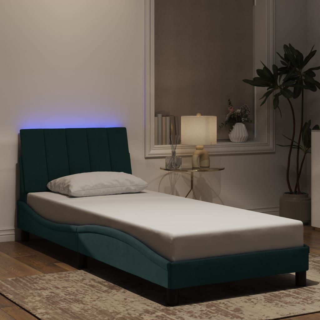 Bed frame with LED lights dark green 90x190 cm velvet