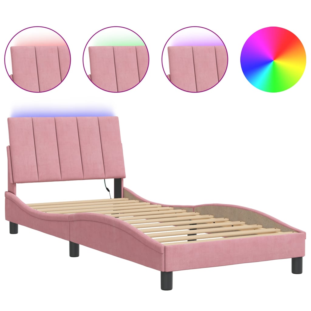 Bettgestell mit LED ohne Matratze "Hanko" Rosa 90x190 cm Samt