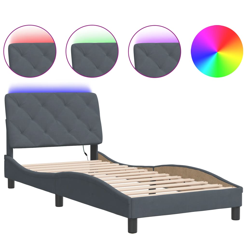 Bettgestell mit LED ohne Matratze Dunkelgrau 90x190 cm Samt