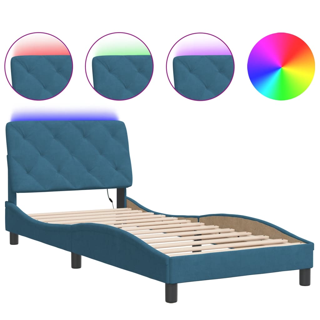 Cadre de lit avec LED sans matelas bleu 90x190 cm velours