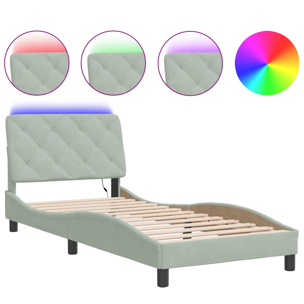 Bettgestell mit LED ohne Matratze Hellgrau 90x200 cm Samt