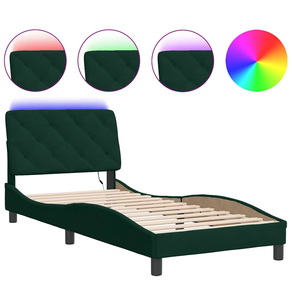 Bettgestell mit LED ohne Matratze Dunkelgrün 90x200 cm Samt