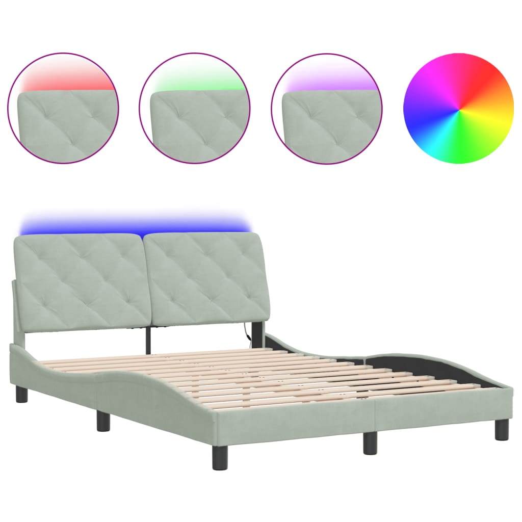Bettgestell mit LED ohne Matratze Hellgrau 140x190 cm Samt