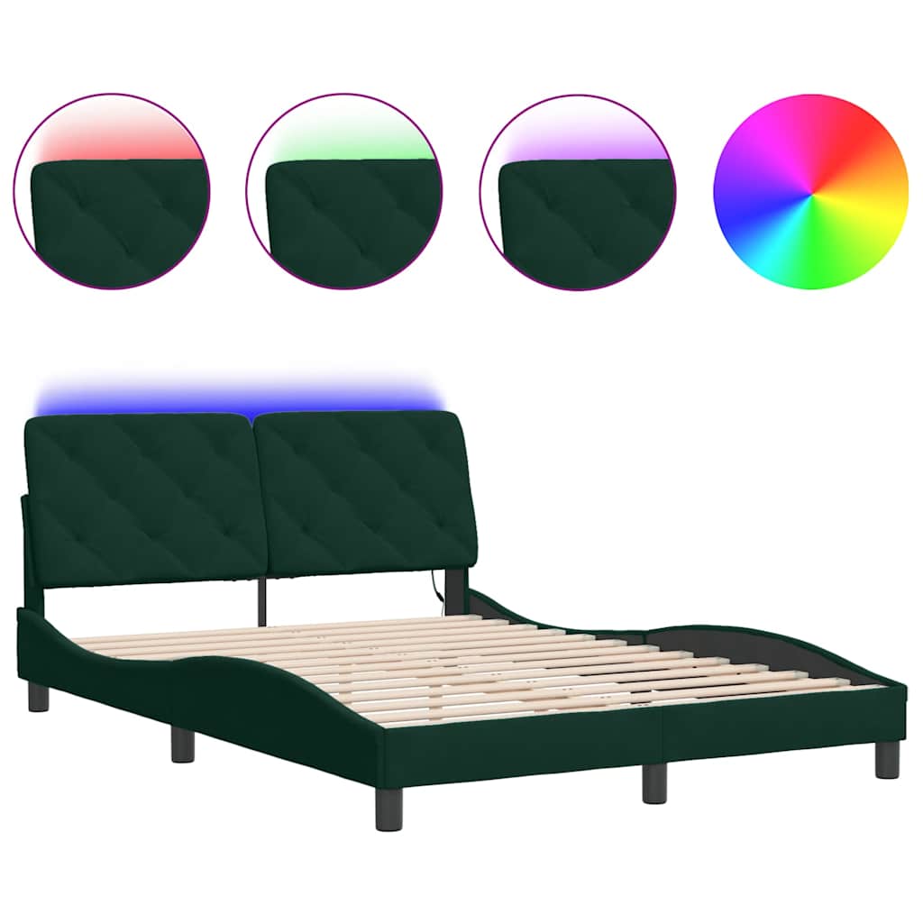 Bettgestell mit LED ohne Matratze Dunkelgrün 140x190 cm Samt