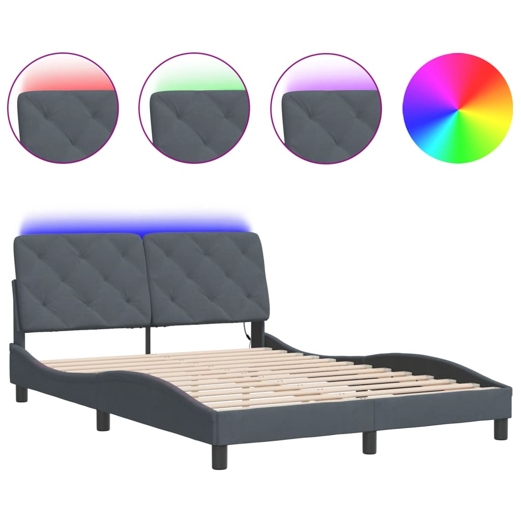 Bettgestell mit LED ohne Matratze Dunkelgrau 140x200 cm Samt
