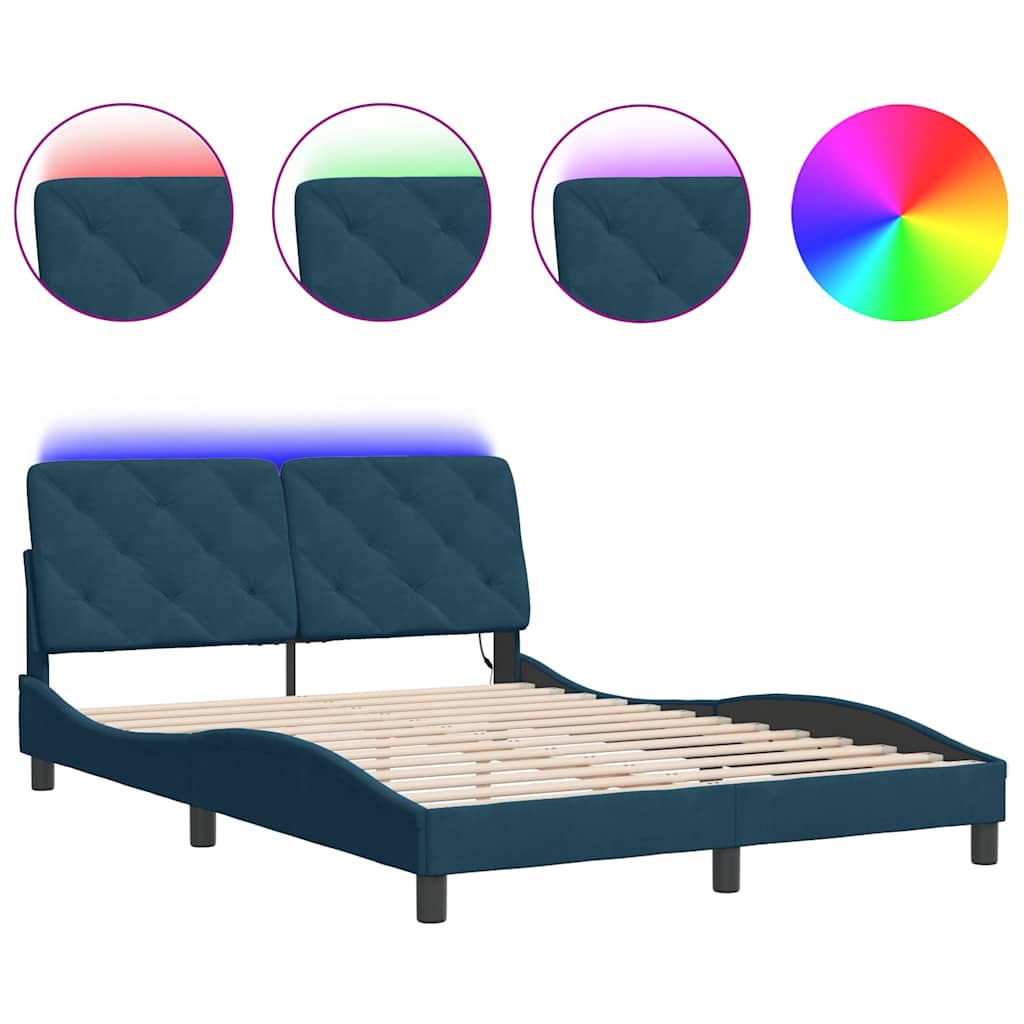 Bettgestell mit LED ohne Matratze Blau 140x200 cm Samt