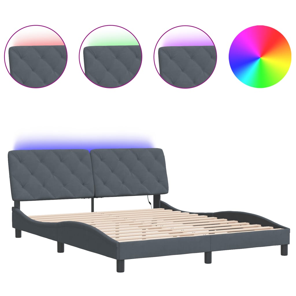 Bettgestell mit LED ohne Matratze Dunkelgrau 160x200 cm Samt