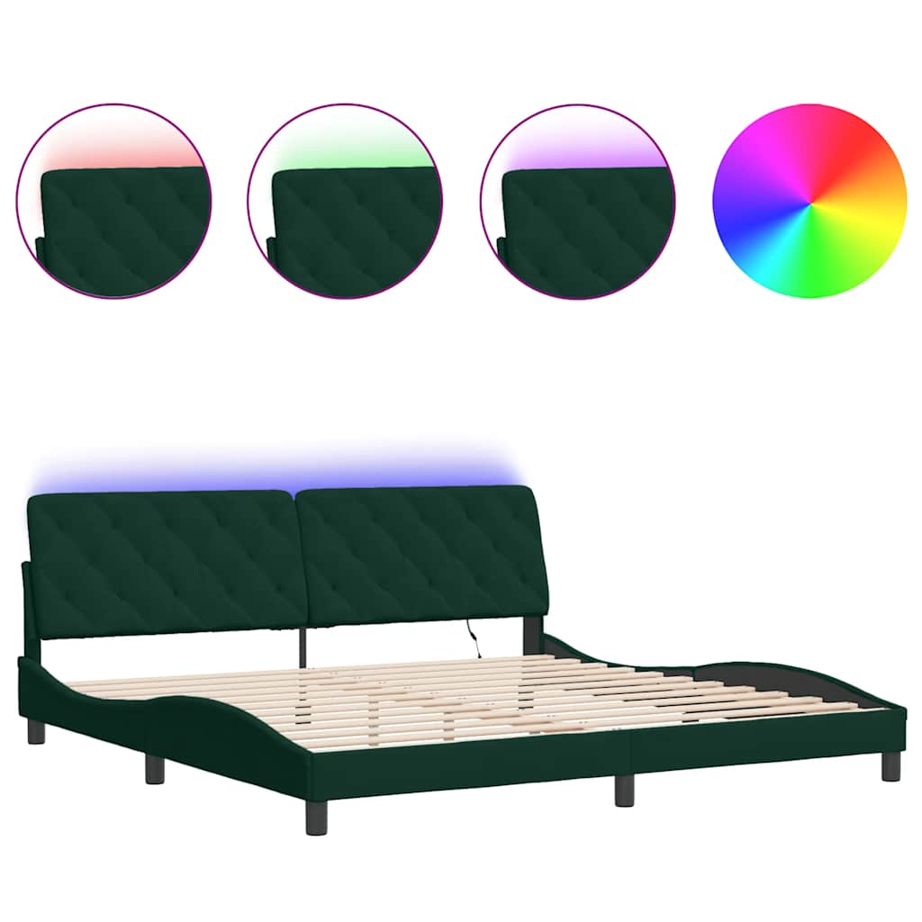Bettgestell mit LED ohne Matratze Dunkelgrün 200x200 cm Samt