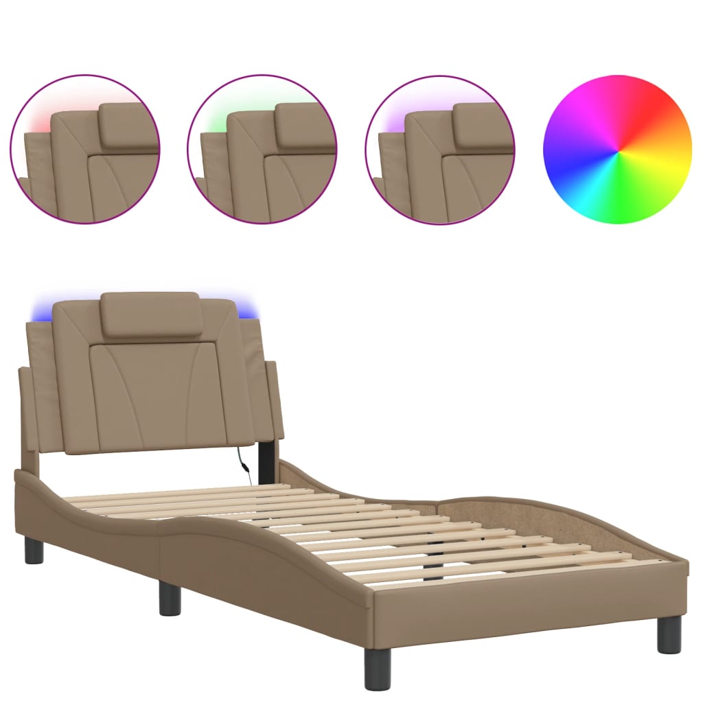 Bed frame with LED cappuccino brown 90x190 cm artificial leather