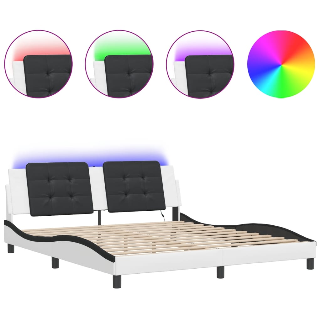 Bed frame with LED white and black 180x200 cm artificial leather