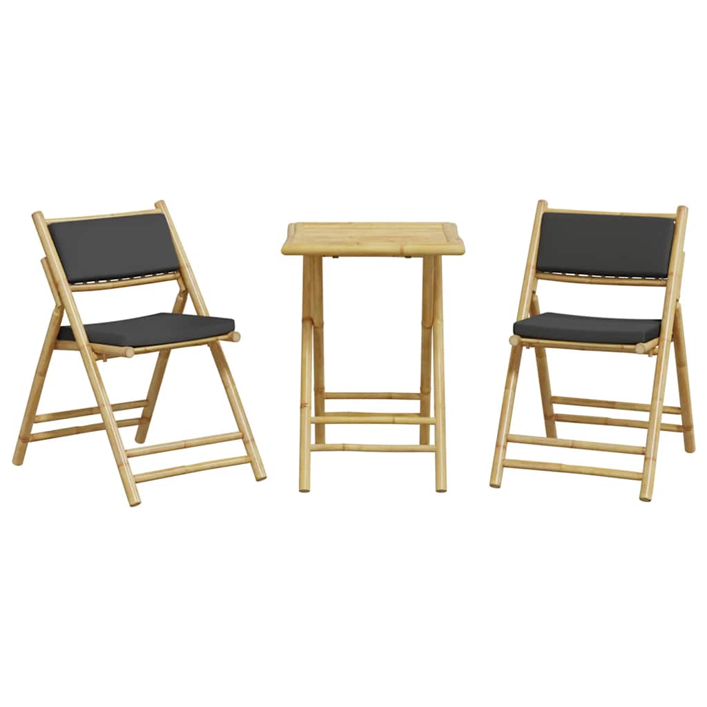 3-tlg. Bistro-Set Klappbar mit Dunkelgrauen Kissen Bambus