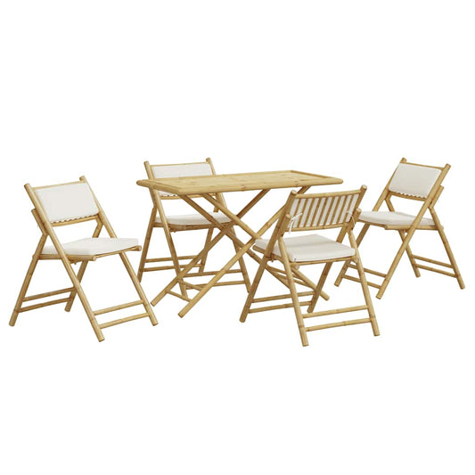 5-tlg. Bistro-Set Klappbar mit Cremeweißen Kissen Bambus