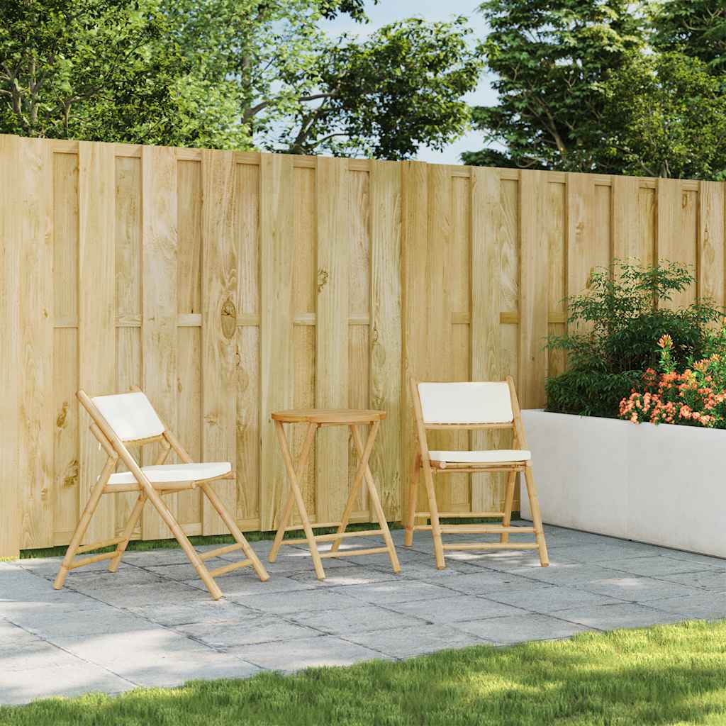 3-tlg. Bistro-Set Klappbar mit Cremeweißen Kissen Bambus