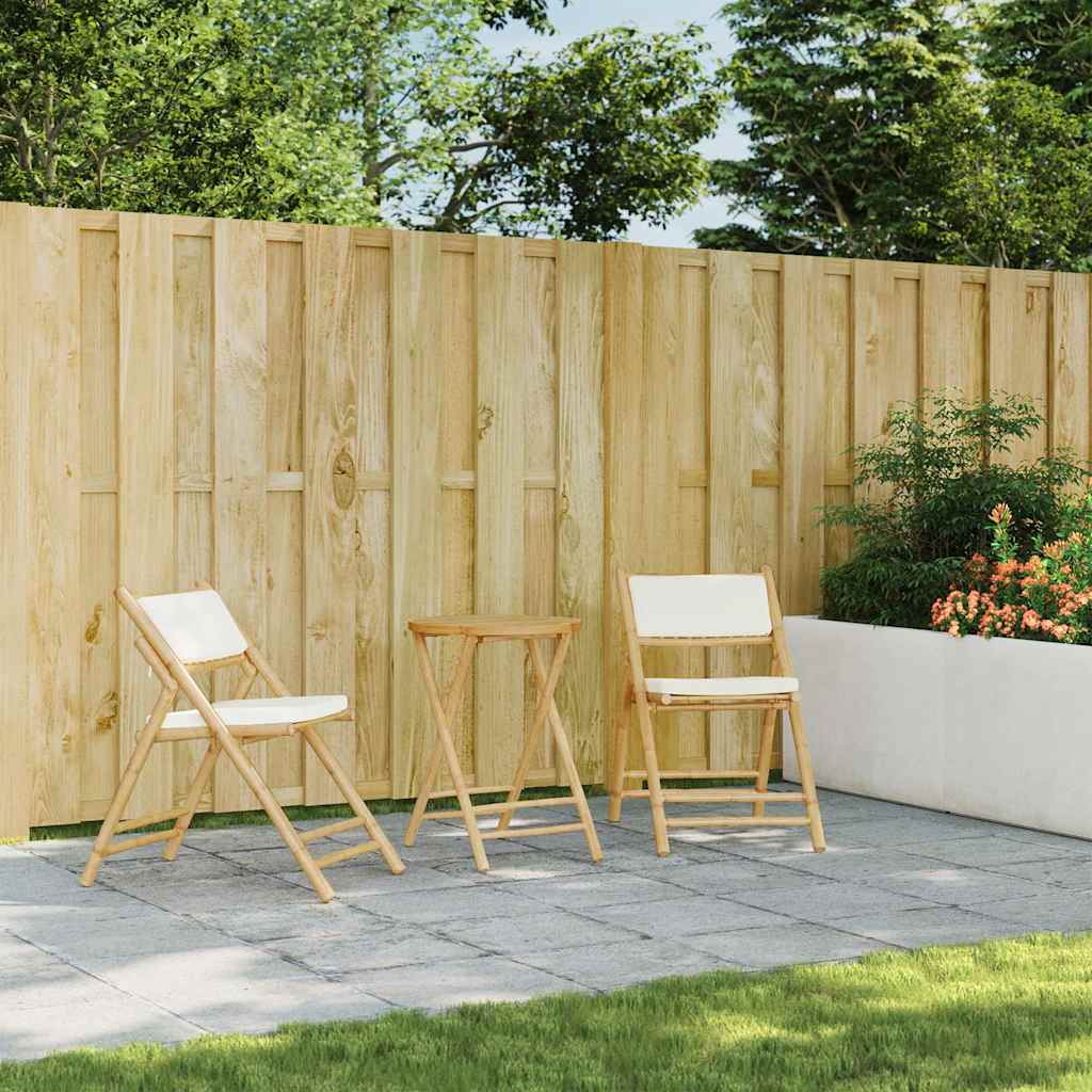 3-tlg. Bistro-Set Klappbar mit Cremeweißen Kissen Bambus