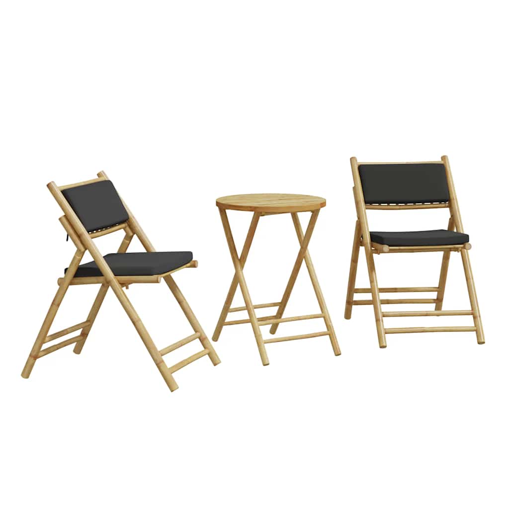3-tlg. Bistro-Set Klappbar mit Dunkelgrauen Kissen Bambus