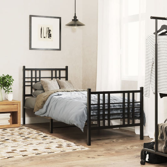 Bed frame with head and footboard metal black 75x190 cm