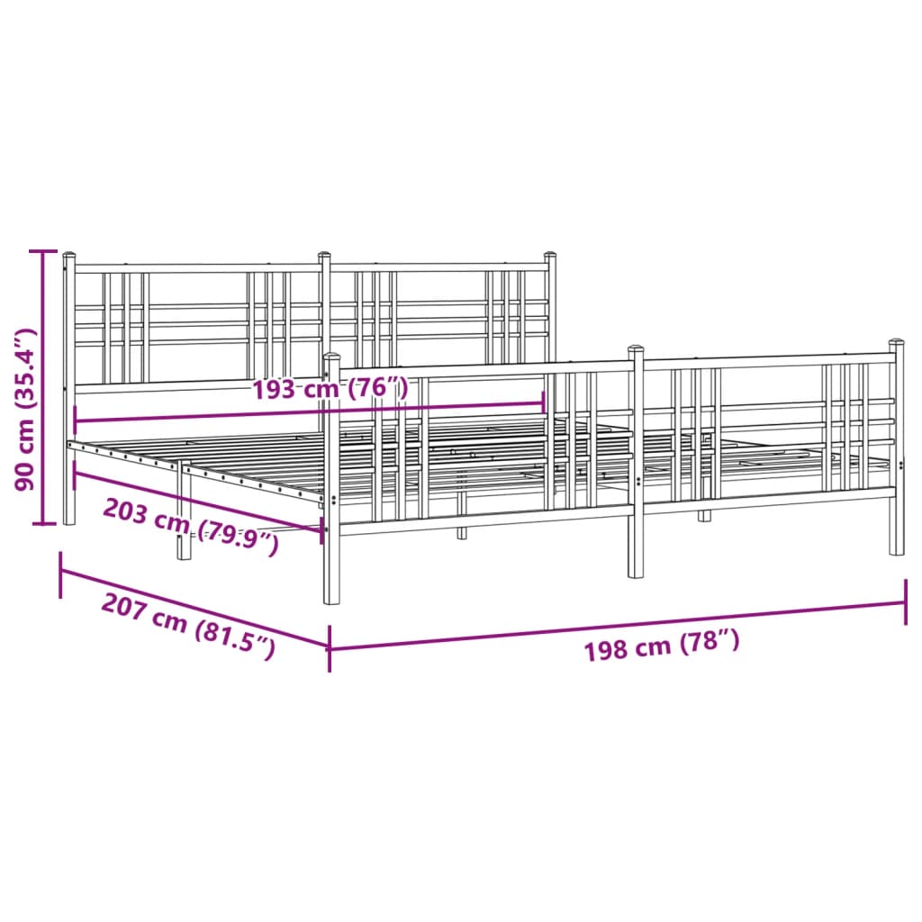 Bed frame with head and footboard metal black 193x203 cm