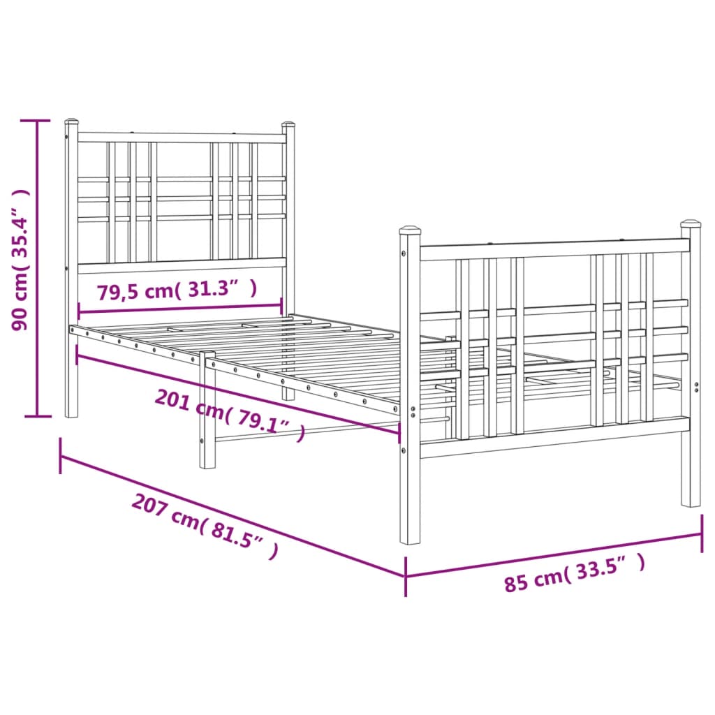 Bed frame with head and footboard metal white 80x200 cm