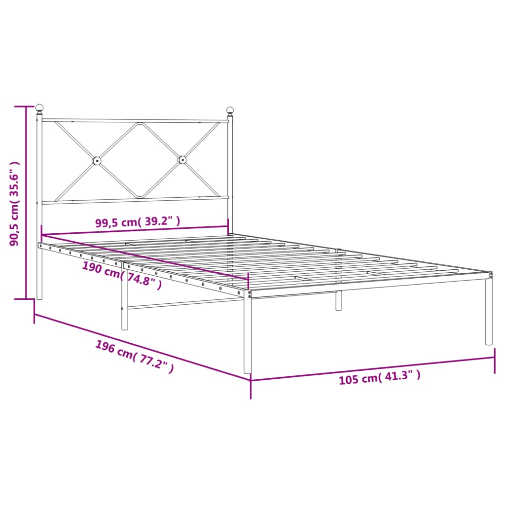 Bed frame with headboard metal black 100x190 cm