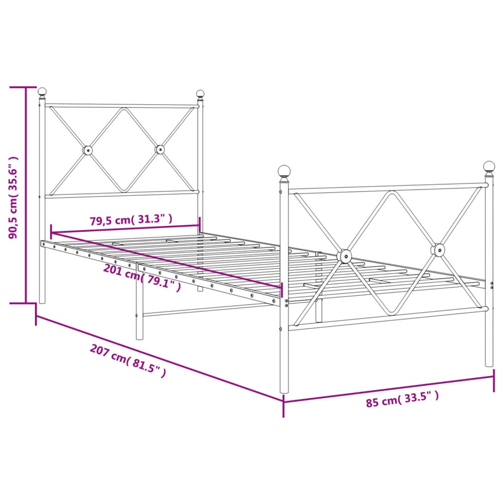 Bed frame with head and footboard metal black 80x200 cm