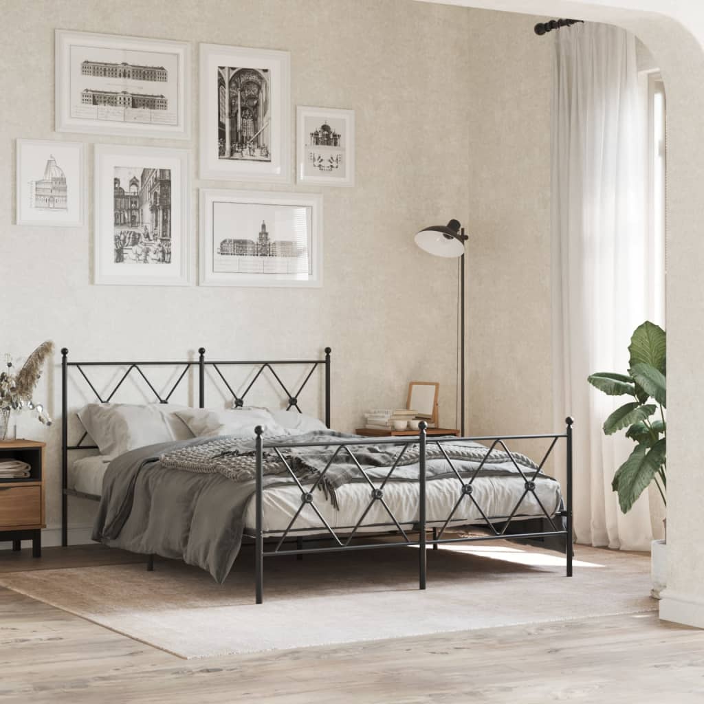 Bed frame with head and footboard metal black 137x190 cm