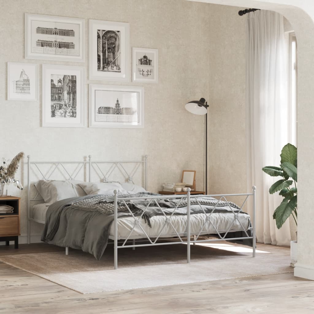 Bed frame with head and footboard metal white 137x190 cm