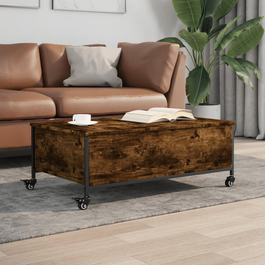 Coffee table with wheels smoked oak 91x55x34 cm wood material