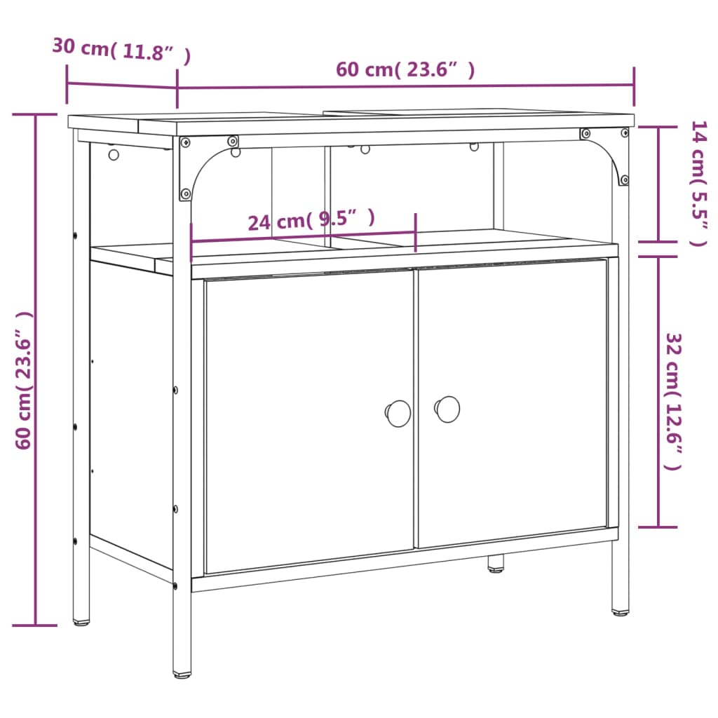 Meuble sous évier chêne fumé 60x30x60 cm en bois