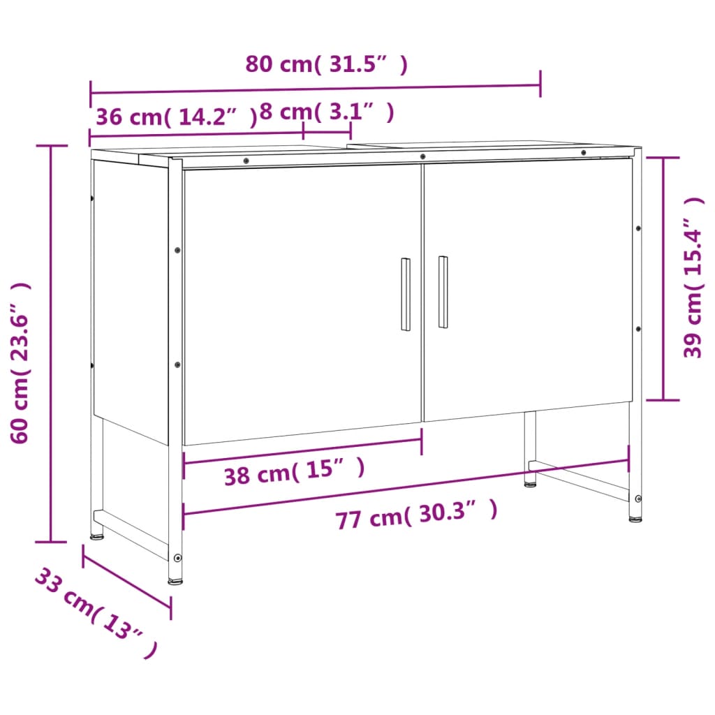 Meuble sous évier chêne fumé 80x33x60 cm en bois