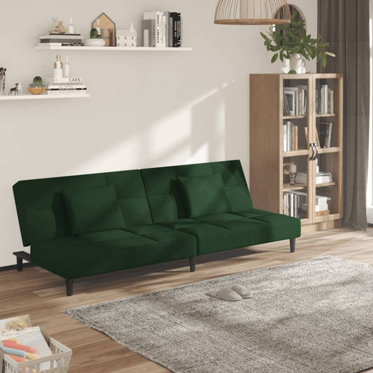 Canapé convertible 2 places avec 2 coussins en velours vert foncé