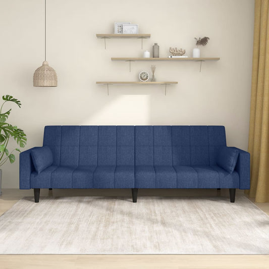 Canapé lit 2 places avec 2 coussins tissu bleu