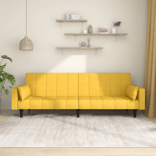 Canapé convertible 2 places avec 2 coussins en tissu jaune