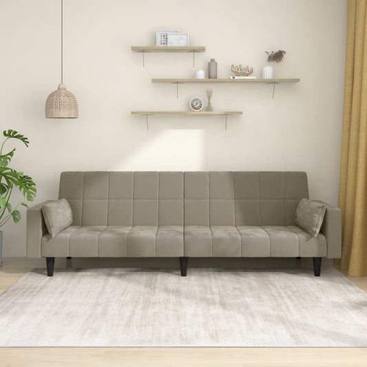Canapé lit 2 places avec 2 coussins en velours gris clair