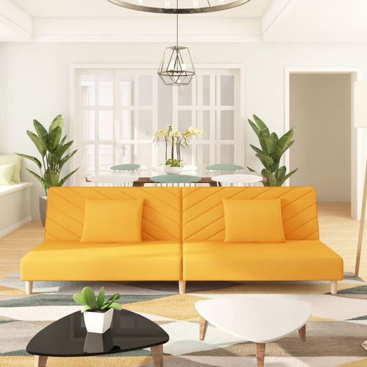 Canapé convertible 2 places avec 2 coussins en tissu jaune