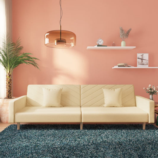 Canapé convertible 2 places avec 2 coussins en tissu crème