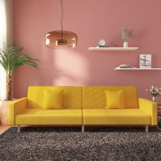 Canapé convertible 2 places avec 2 coussins en tissu jaune