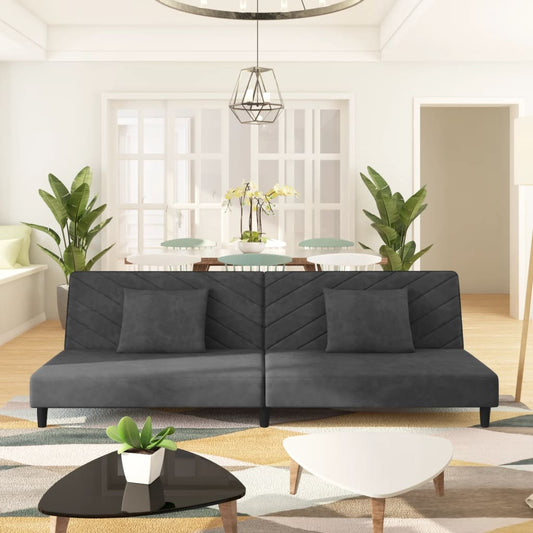 Canapé lit 2 places avec 2 coussins velours gris foncé