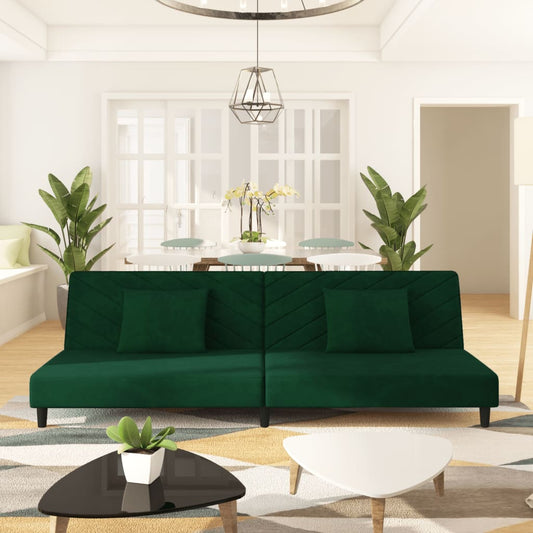 Canapé convertible 2 places avec 2 coussins en velours vert foncé