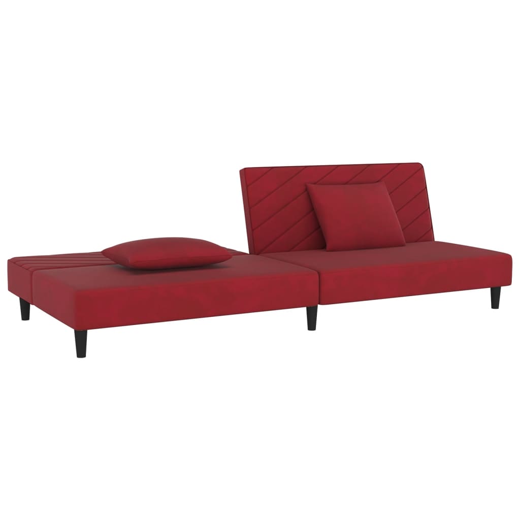Canapé convertible 2 places avec 2 coussins en velours rouge vin