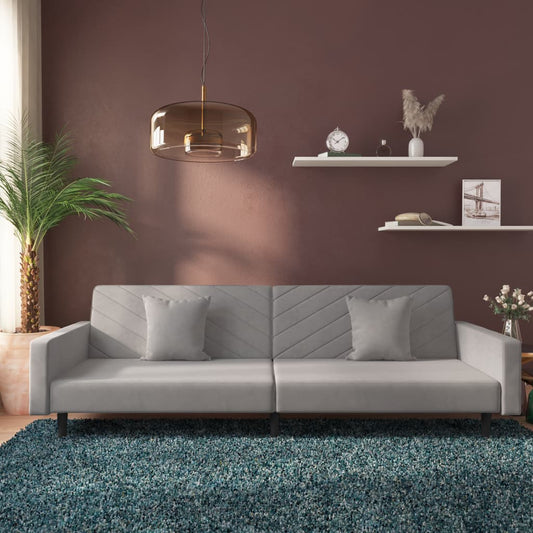 Canapé lit 2 places avec 2 coussins en velours gris clair