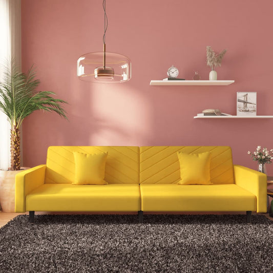 Canapé convertible 2 places avec 2 coussins en velours jaune